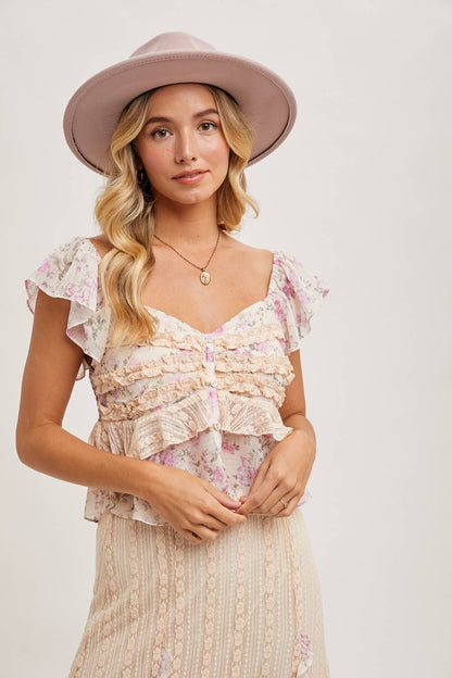 Ruffled Floral Print Sweetheart Top - Pink