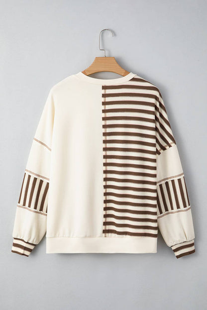Stripe Stitched Patchwork Oversized Pullover : Khaki
