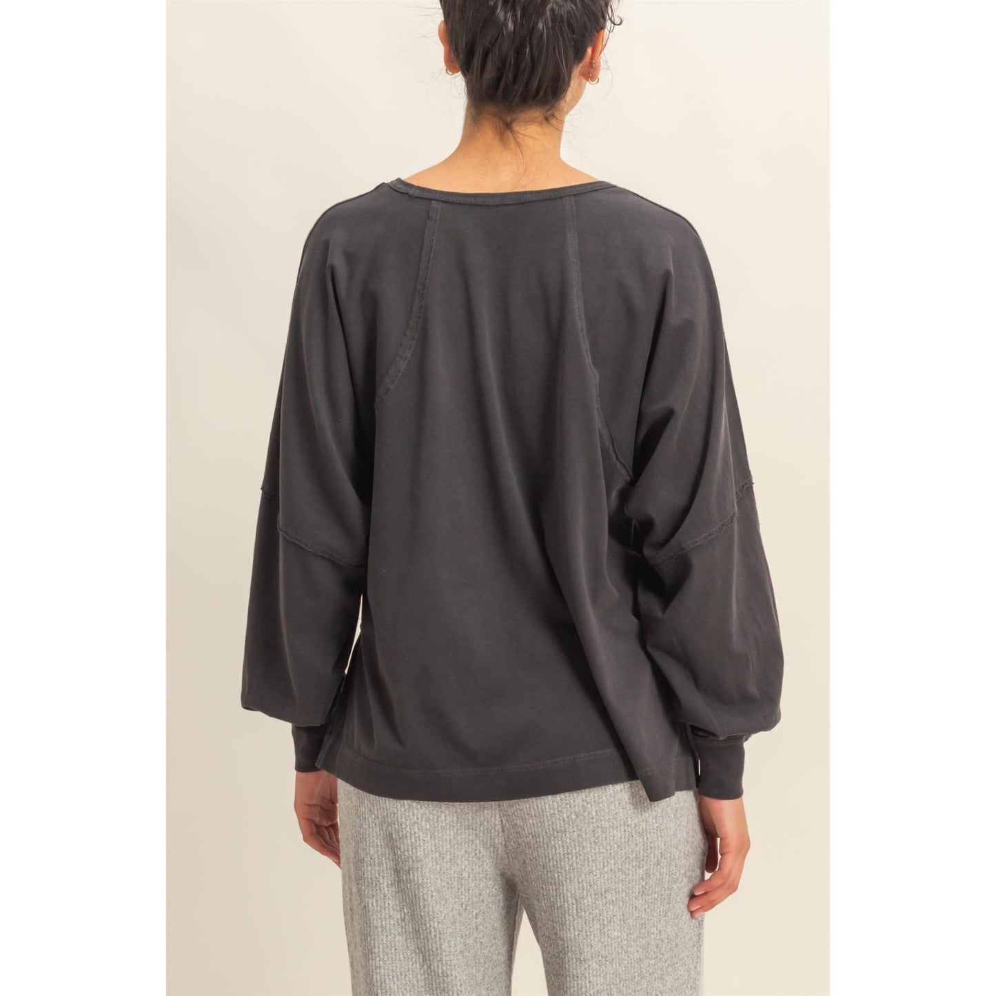 Black Washed Oversized Long Sleeve Top With Slit