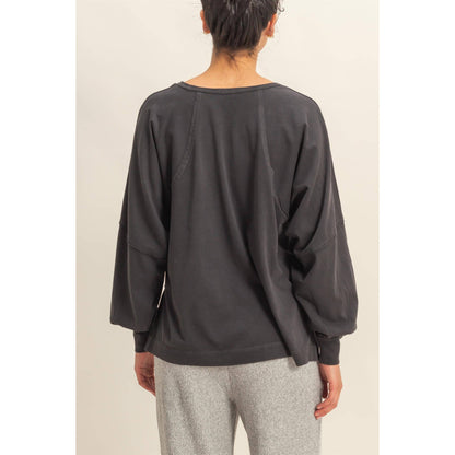Black Washed Oversized Long Sleeve Top With Slit