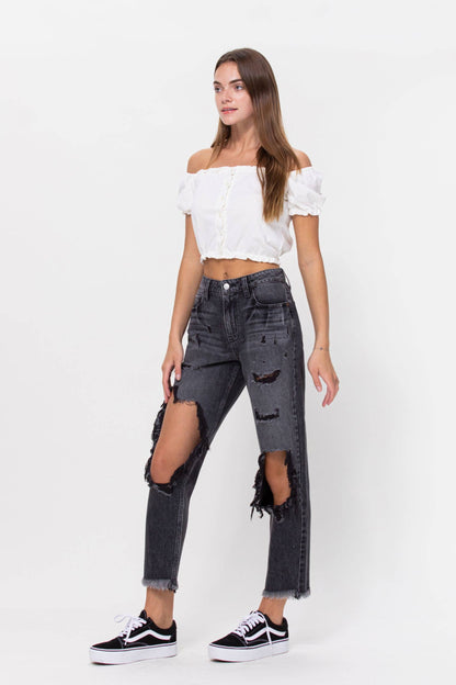 High Rise Distressed Slim Boyfriend Jean