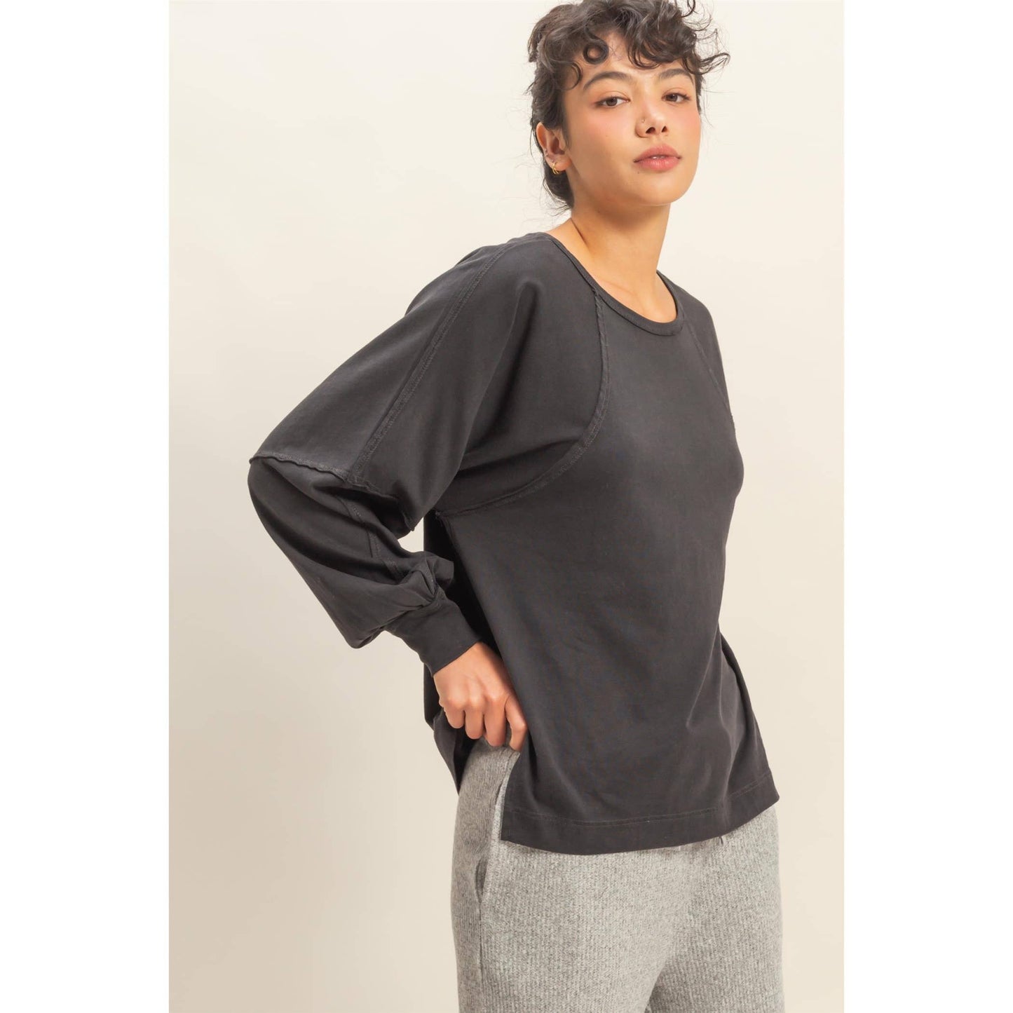 Black Washed Oversized Long Sleeve Top With Slit
