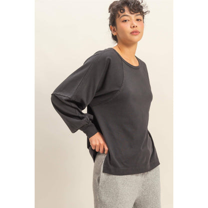 Black Washed Oversized Long Sleeve Top With Slit