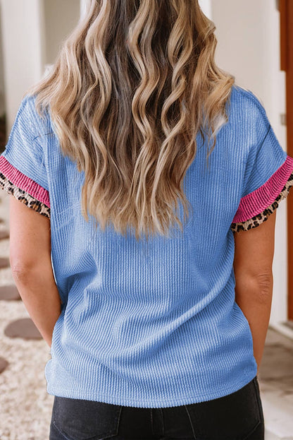 Leopard Patchwork Corded Knit T Shirt