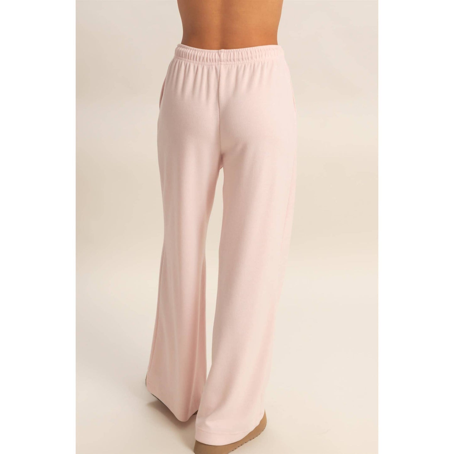 Soft Pink - Ribbed Wide Leg Drawstring Waist Sweatpants