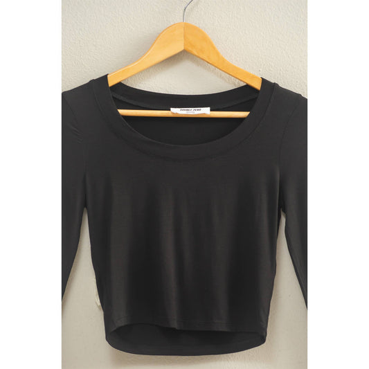 Black Cropped Scoop Neck Long Sleeve Top