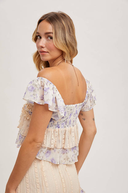 Ruffle Floral Print Sweetheart Top - Violet