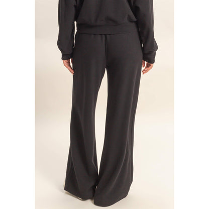 Black - Ribbed Wide Leg Drawstring Waist Sweatpants