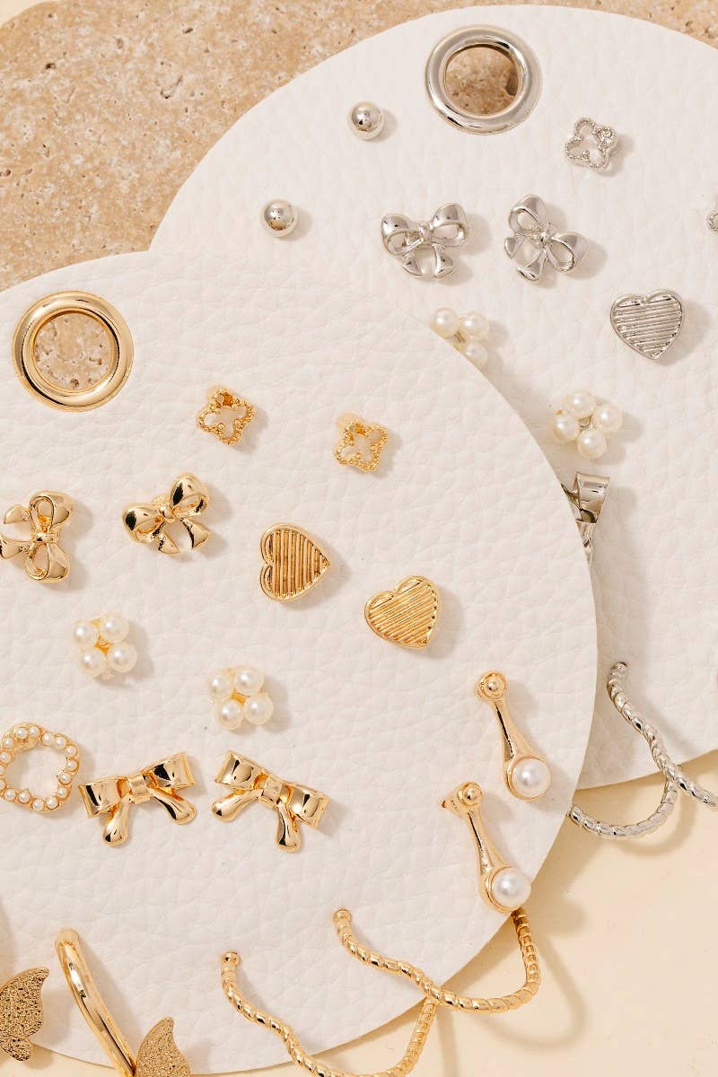 Gold Assorted Mini Bow Heart Earrings Set