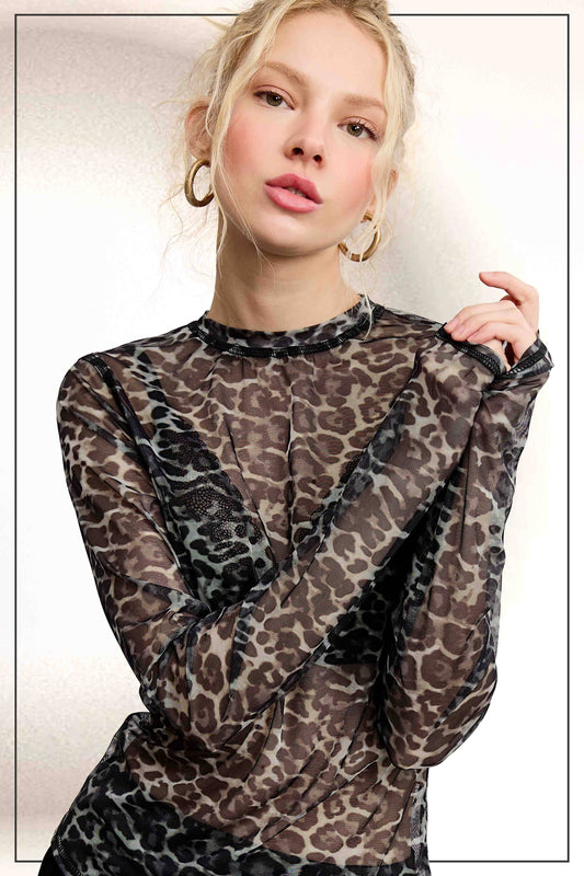 Leopard Print Sheer Mesh Top