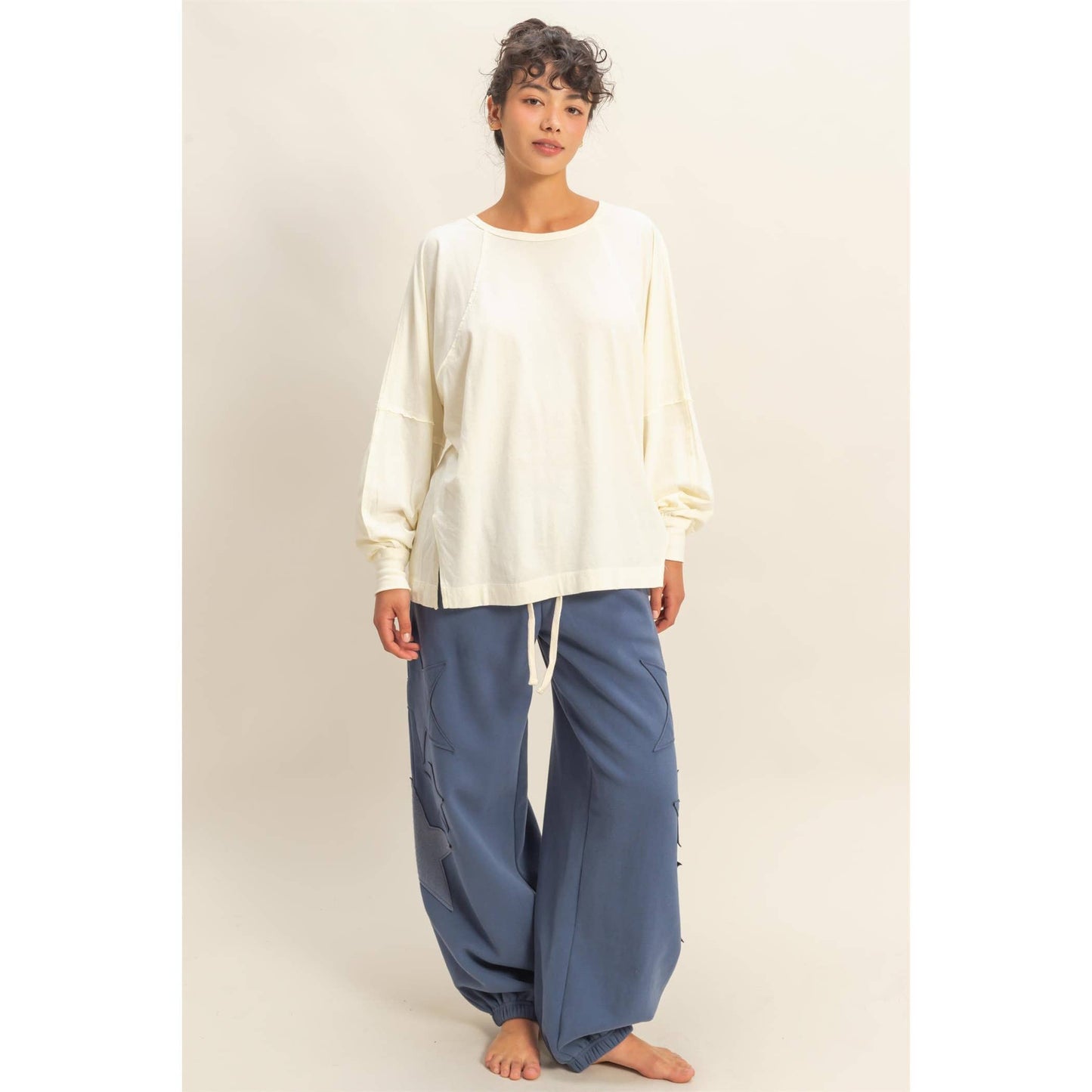 Cream Washed Oversized Long Sleeve Top With Slit