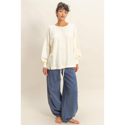 Cream Washed Oversized Long Sleeve Top With Slit