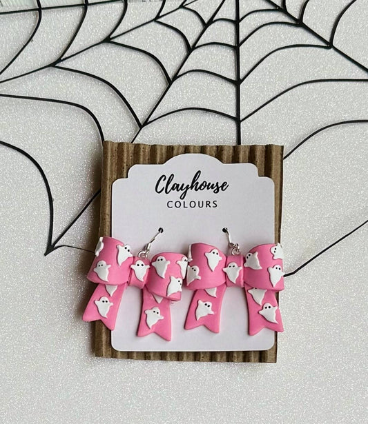 Halloween Earrings : Pink Ghost Bows