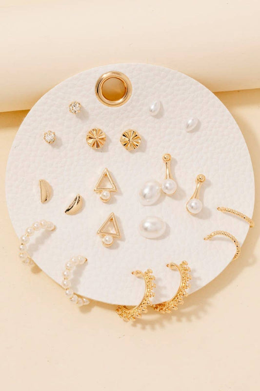 Gold Multi Assorted Pearl Flower Earrings Set
