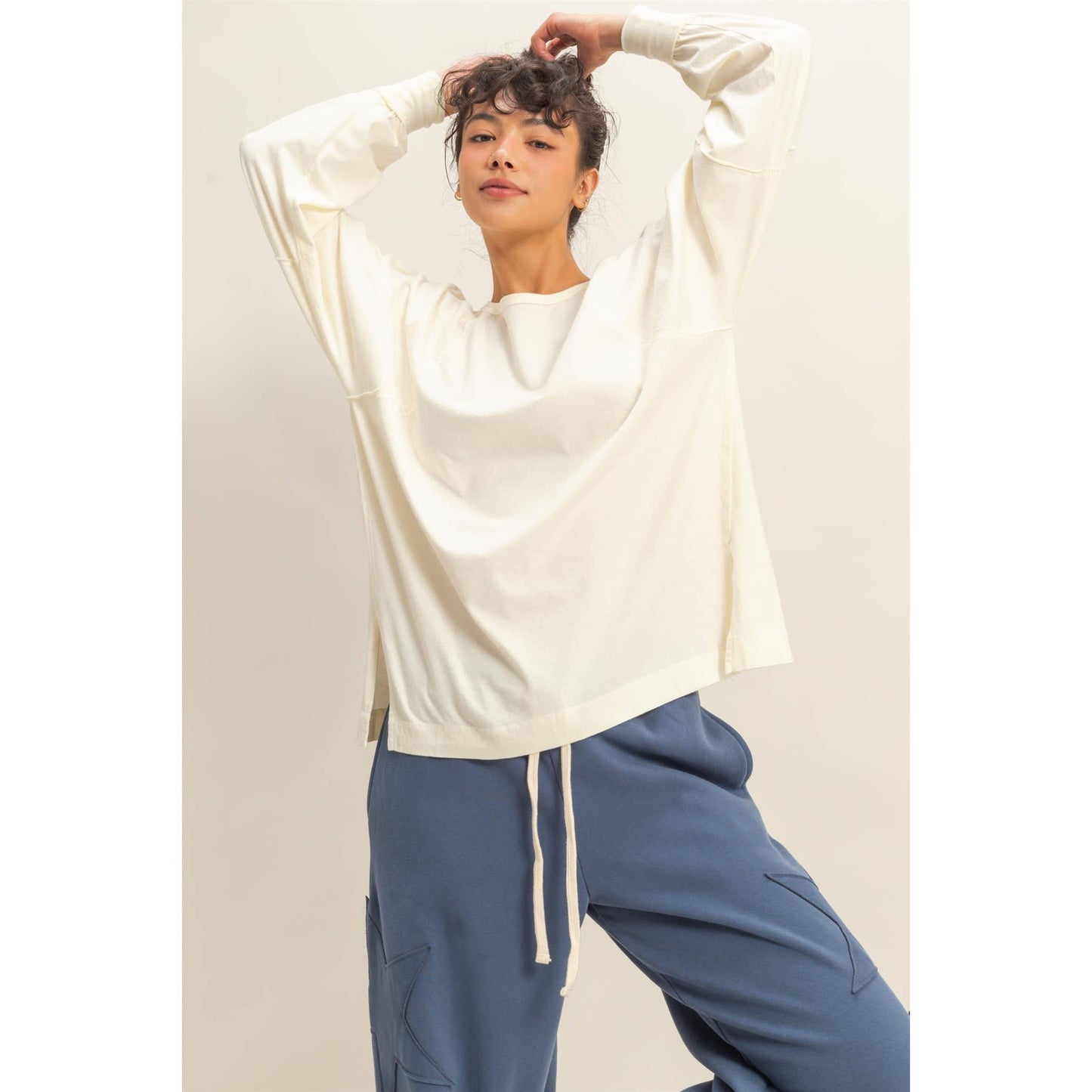 Cream Washed Oversized Long Sleeve Top With Slit