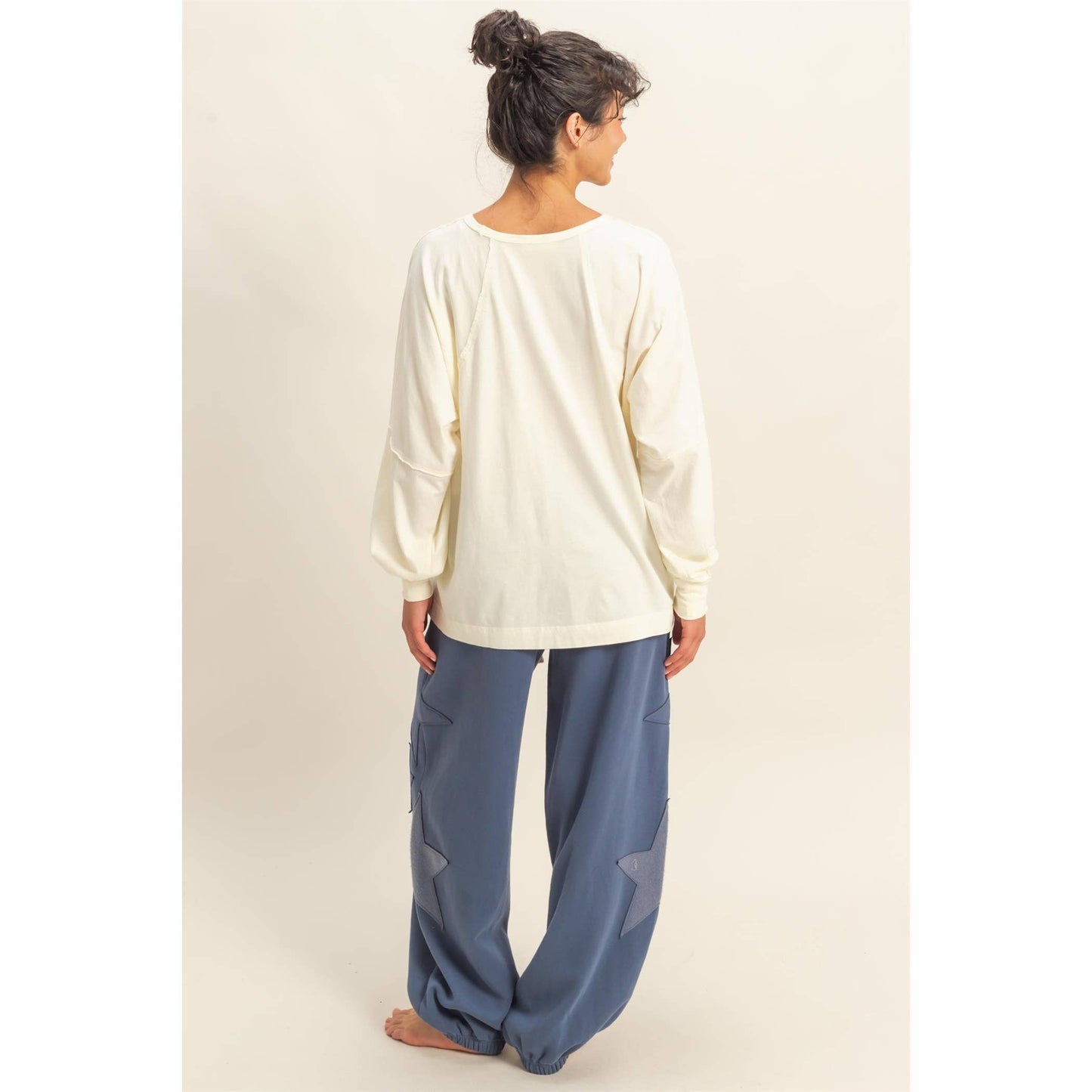 Cream Washed Oversized Long Sleeve Top With Slit