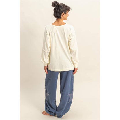 Cream Washed Oversized Long Sleeve Top With Slit