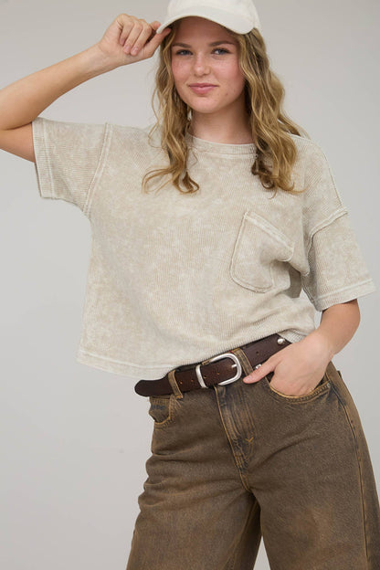 Washed Ribbed Short Sleeve Sweater With Pocket