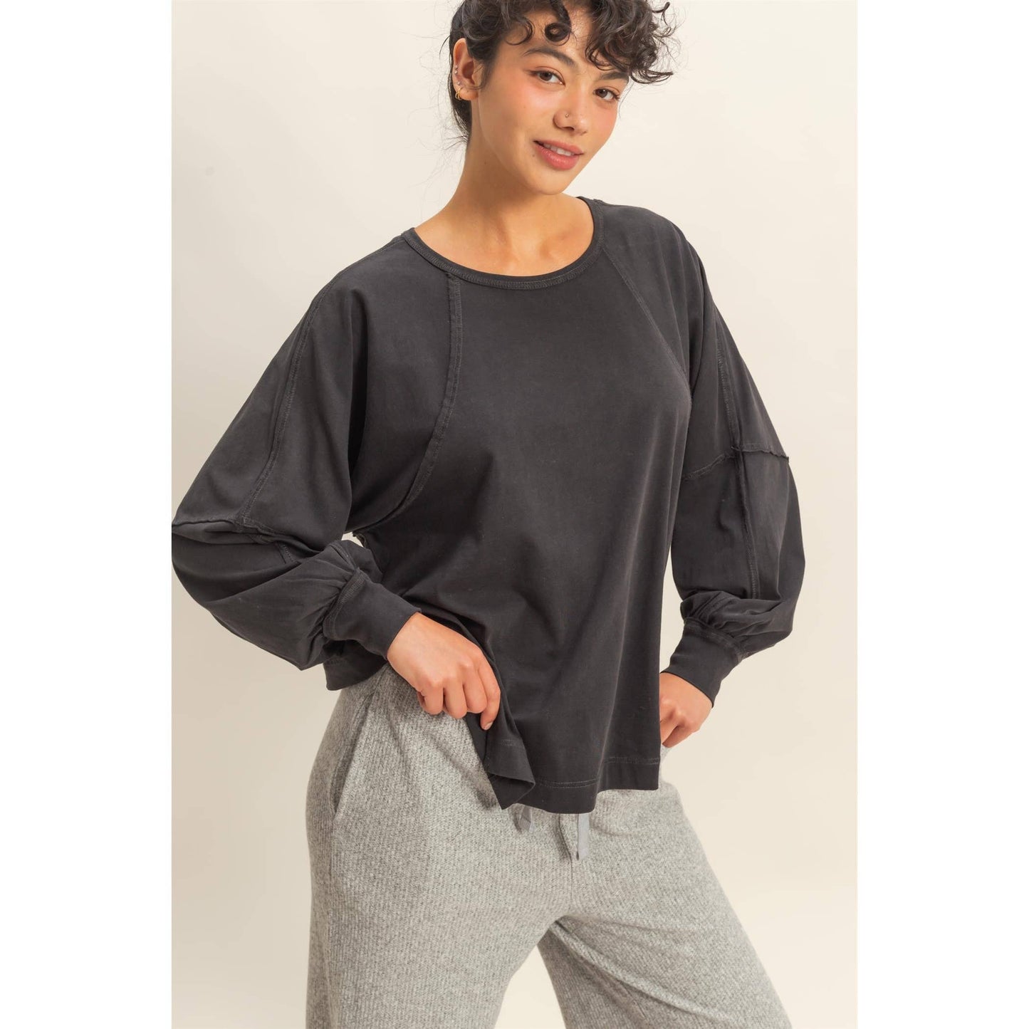 Black Washed Oversized Long Sleeve Top With Slit