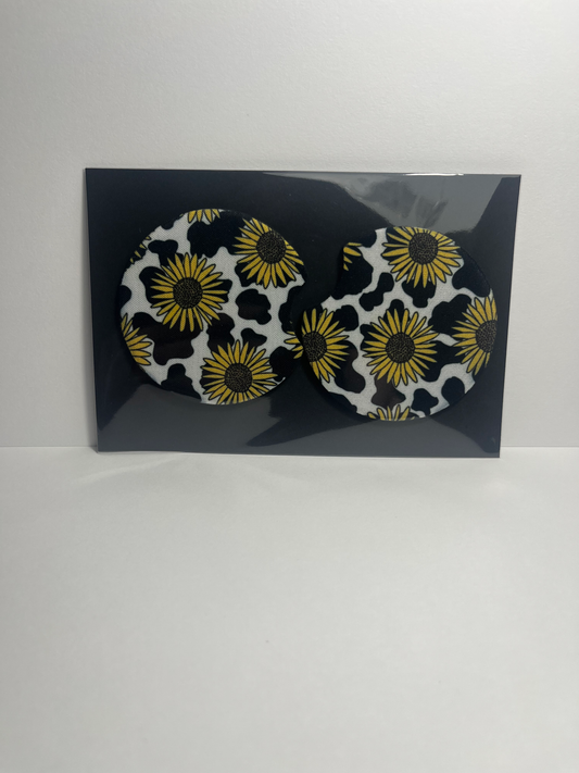Cowprint Sunflowers - Car Coaster image 0