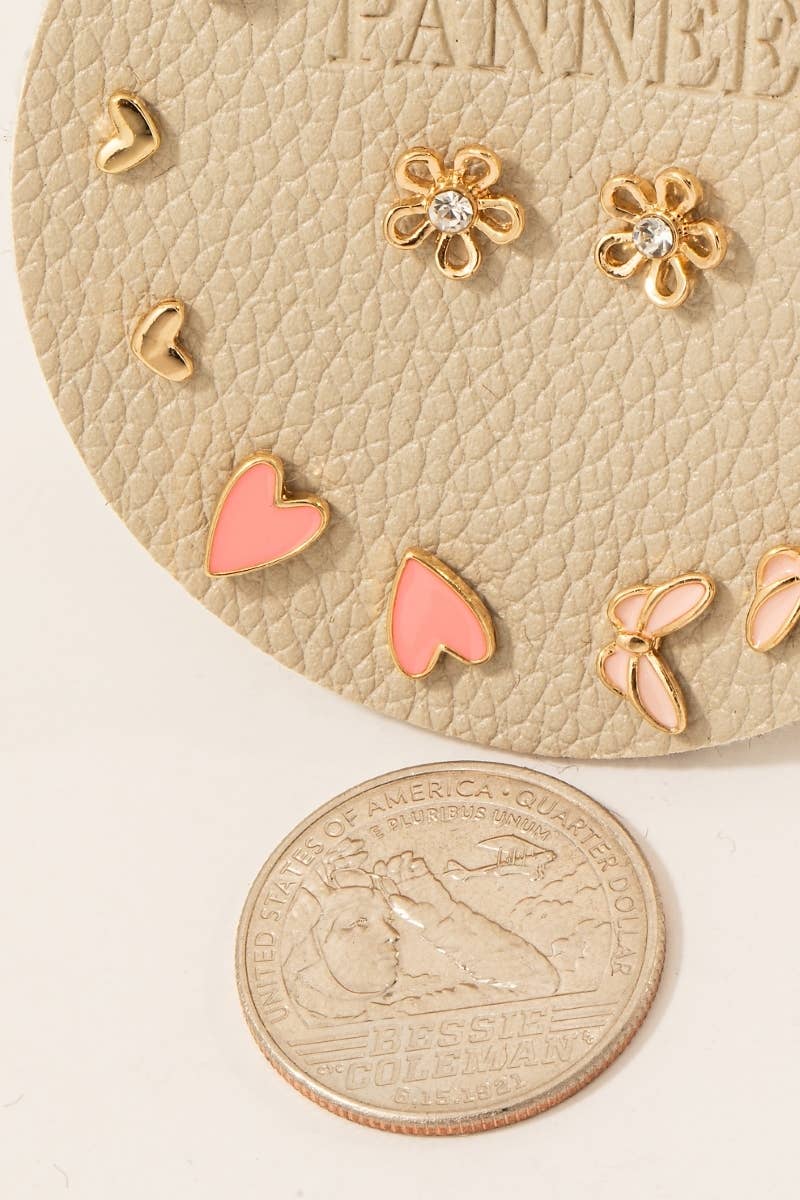 Gold Assorted Heart Butterfly And Pearl Stud Earrings Set