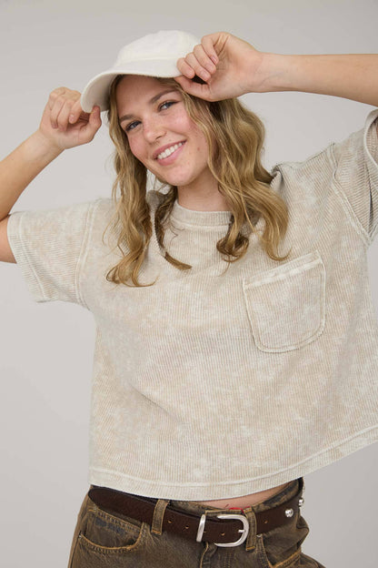 Washed Ribbed Short Sleeve Sweater With Pocket