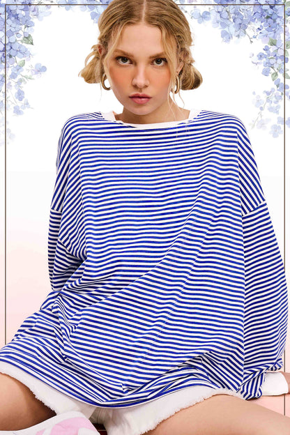 Oversized Striped Long Sleeve Pullover Top: Royal Blue