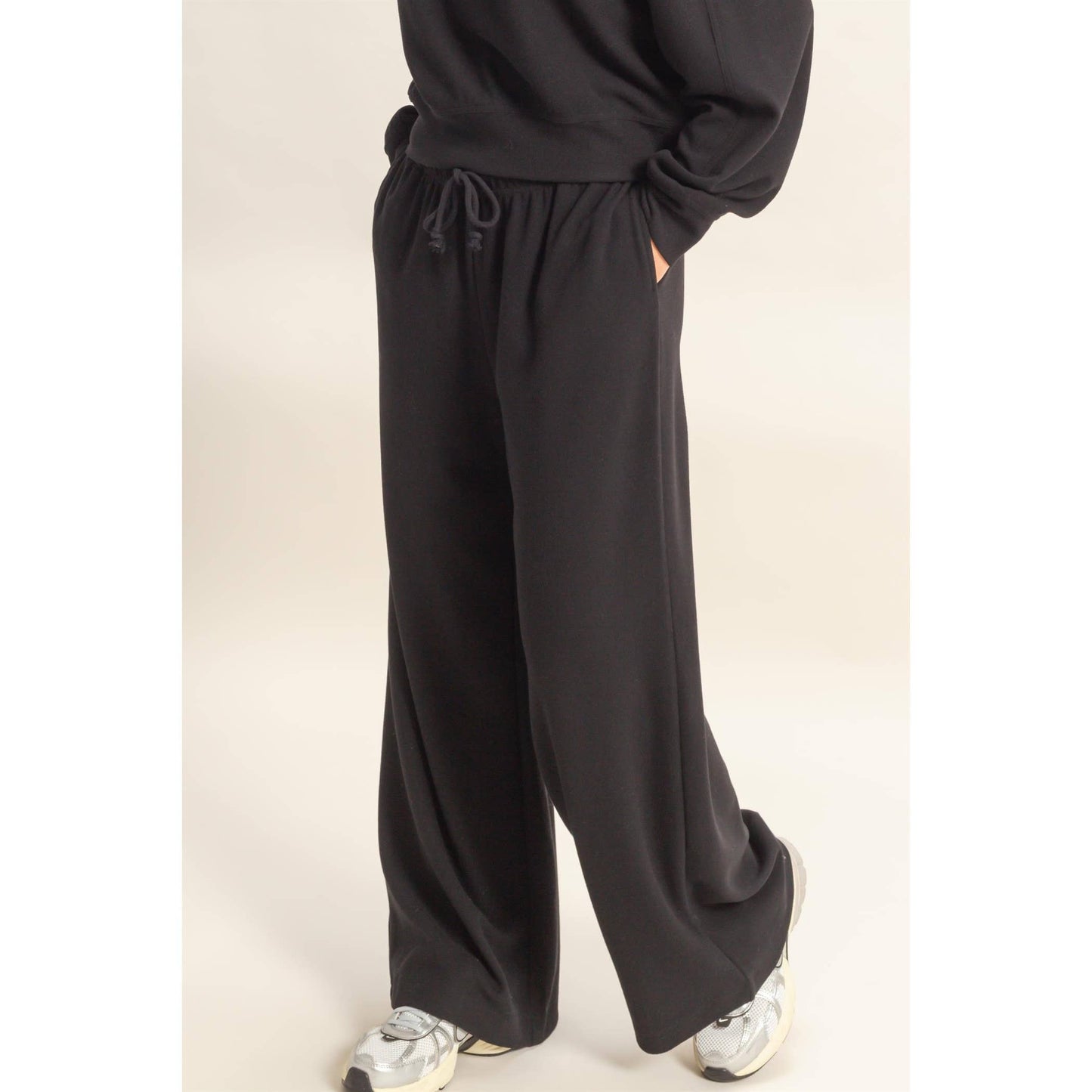 Black - Ribbed Wide Leg Drawstring Waist Sweatpants