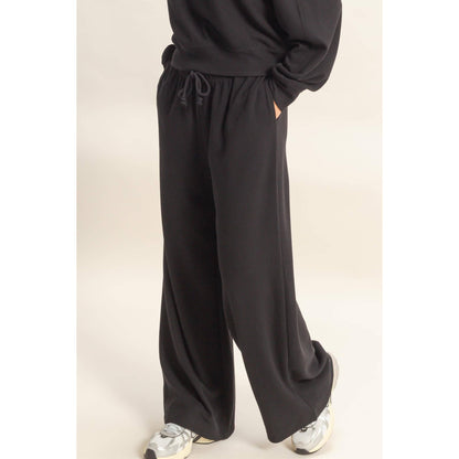 Black - Ribbed Wide Leg Drawstring Waist Sweatpants