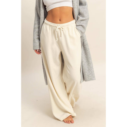 Cream - Ribbed Wide Leg Drawstring Waist Sweatpants