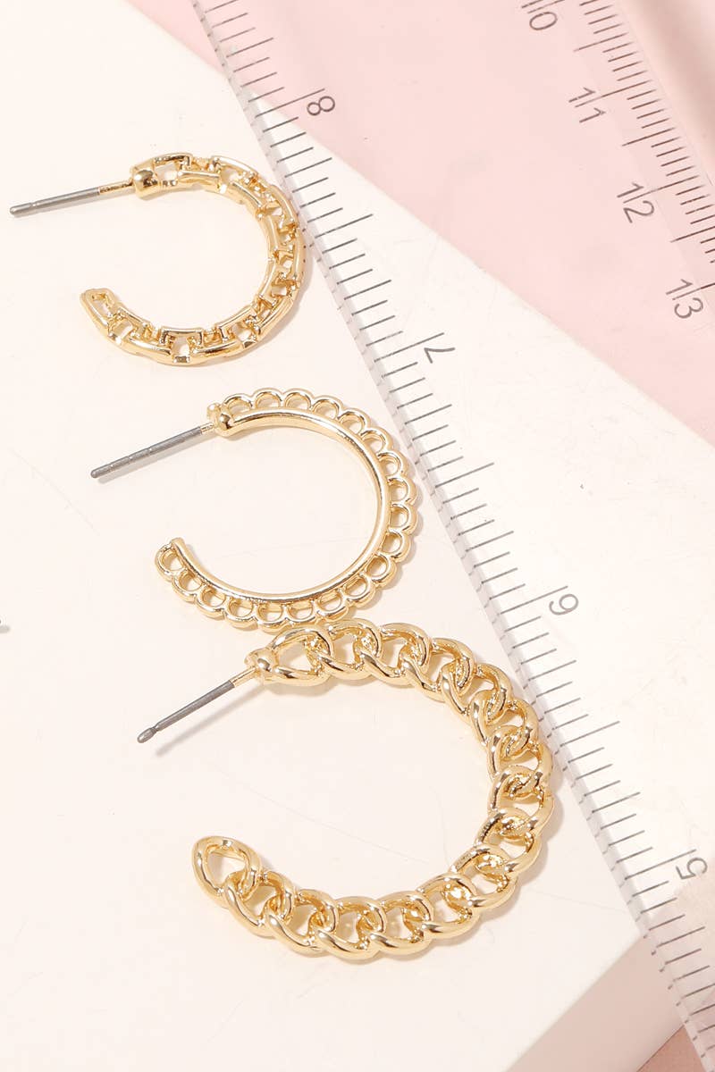Gold Solid Chain Link Hoop Earrings Set