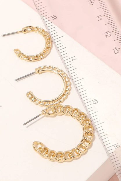 Gold Solid Chain Link Hoop Earrings Set