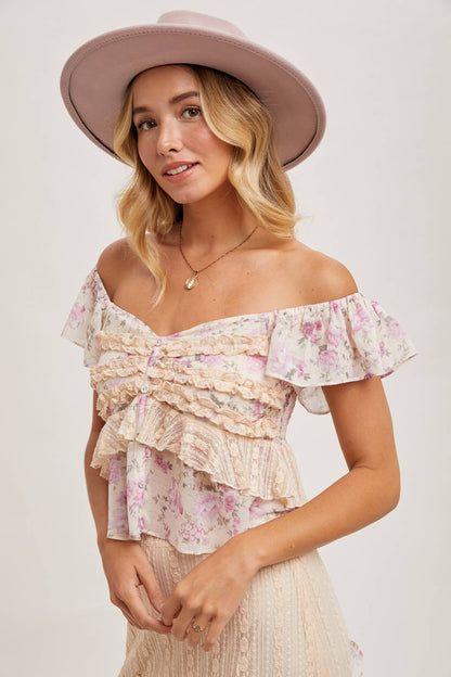 Ruffled Floral Print Sweetheart Top - Pink
