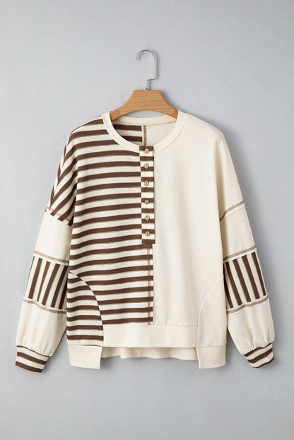 Stripe Stitched Patchwork Oversized Pullover : Khaki