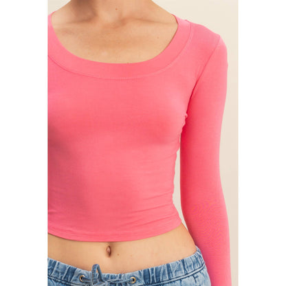 Black Cropped Scoop Neck Long Sleeve Top