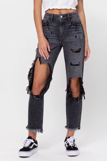 High Rise Distressed Slim Boyfriend Jean