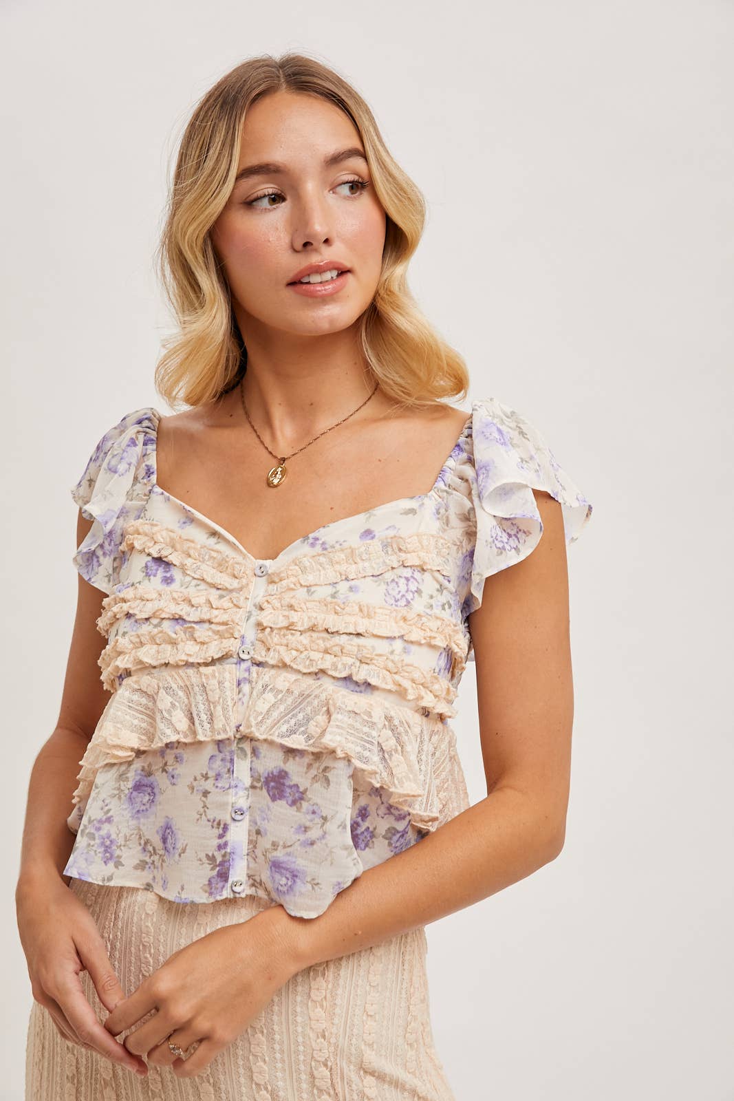 Ruffle Floral Print Sweetheart Top - Violet